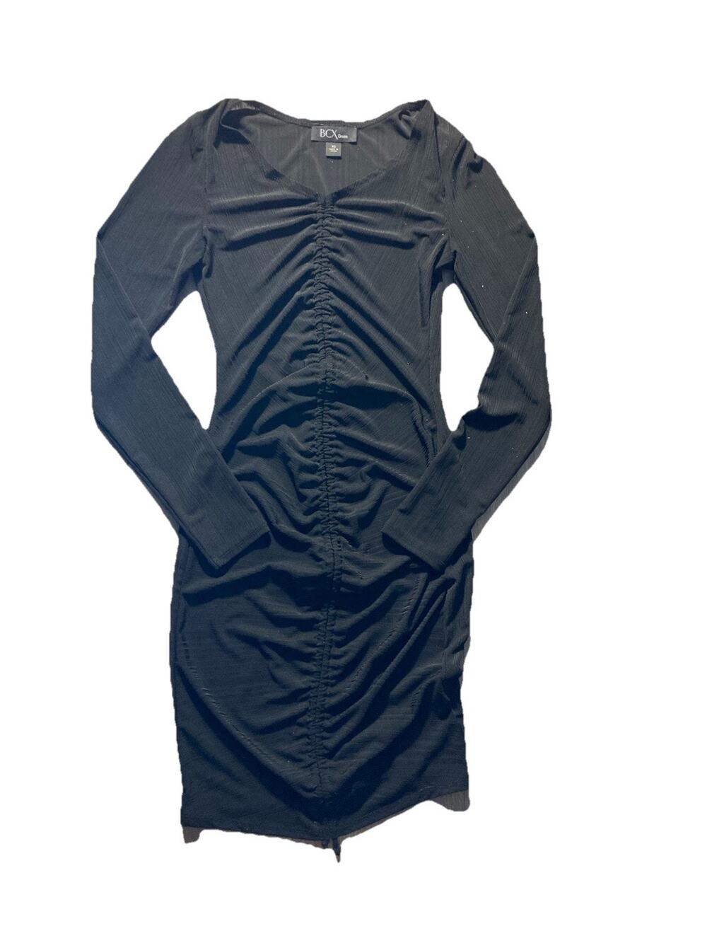 BCX Dress Bodycon Black Ribbed Front Ruched Long Sleeve Mini Dress XS